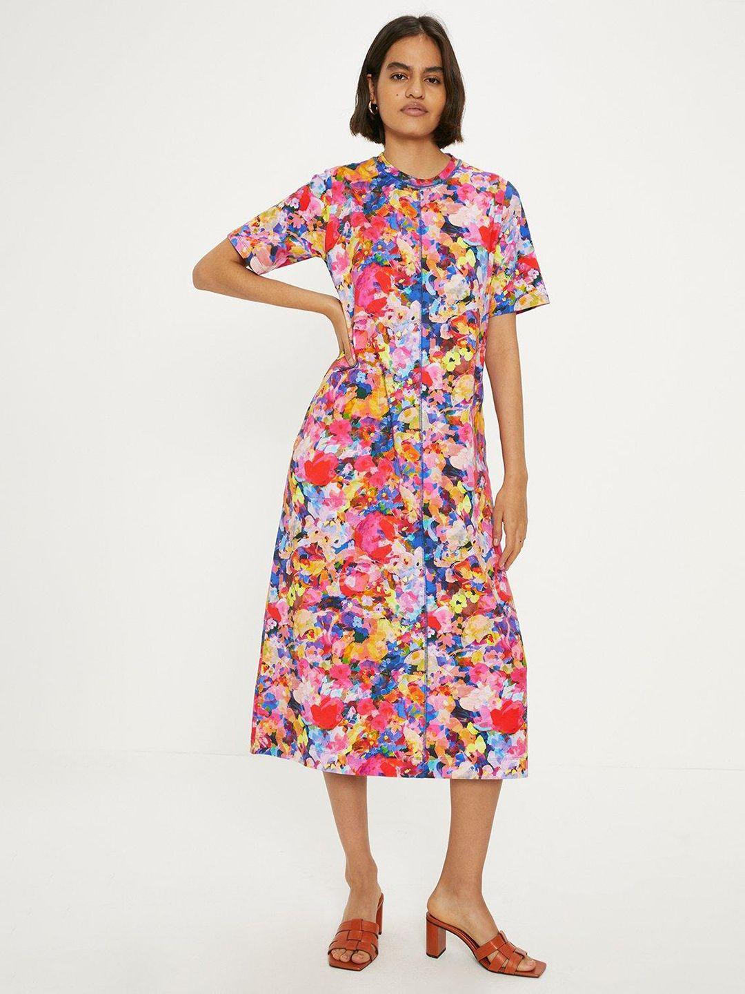 oasis cotton floral print seam detail a-line midi dress