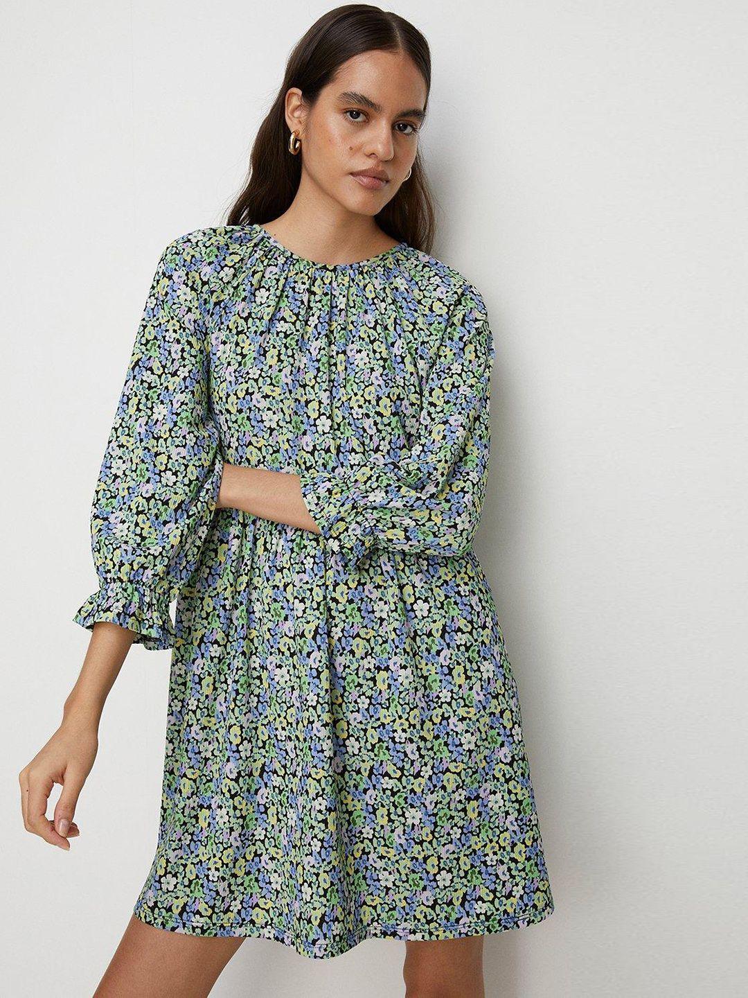 oasis crinkled  floral print bell sleeve tie-up back mini dress