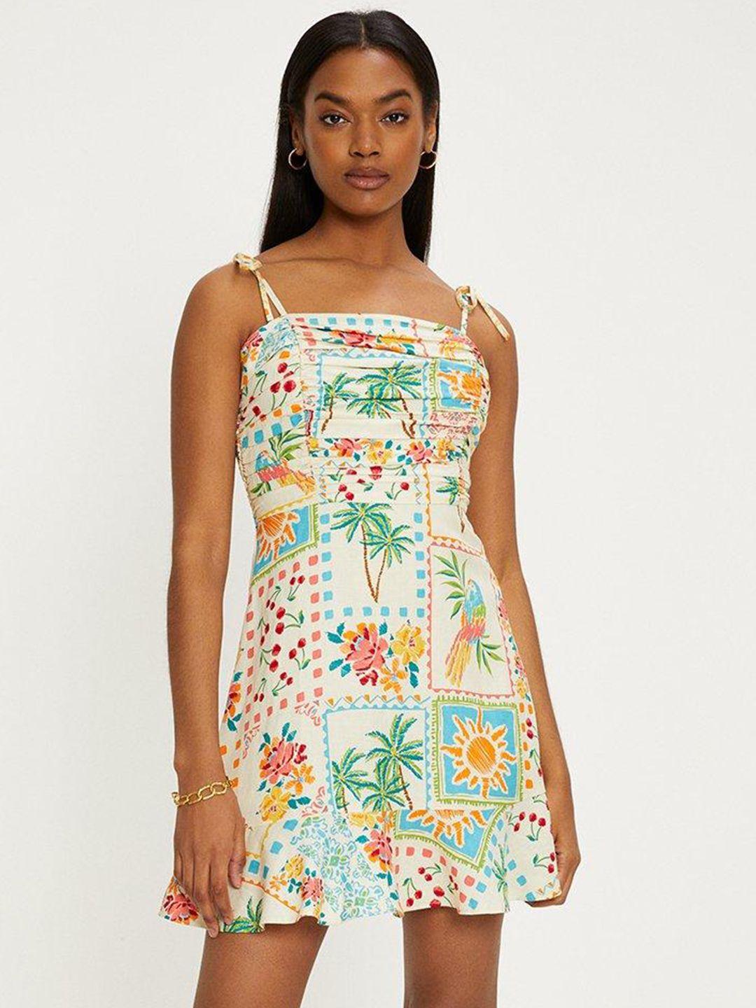 oasis linen blend floral print tie-up shoulder a-line dress