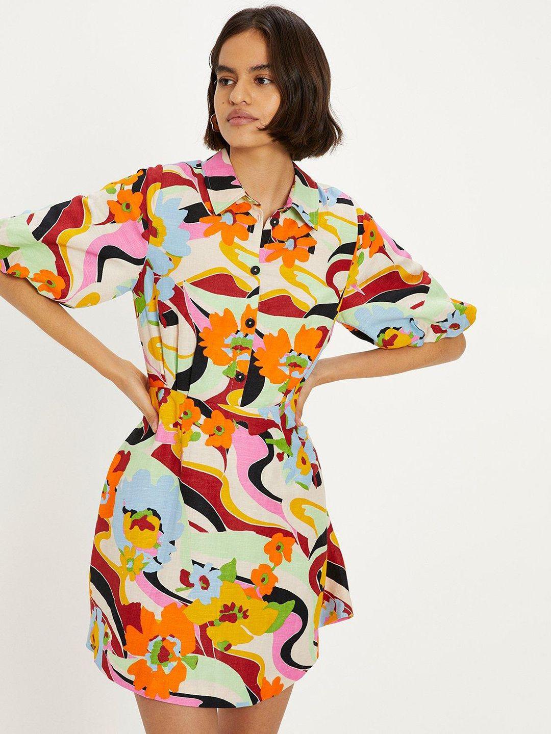 oasis floral print puff sleeves shirt mini dress