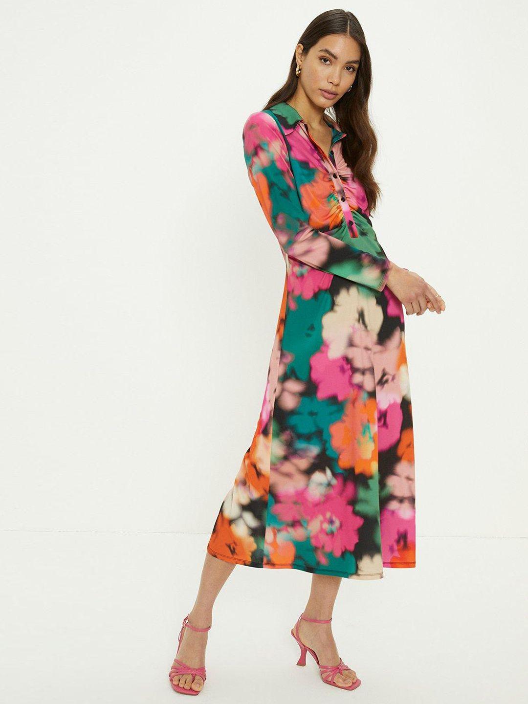 oasis printed ruched shirt midi dress