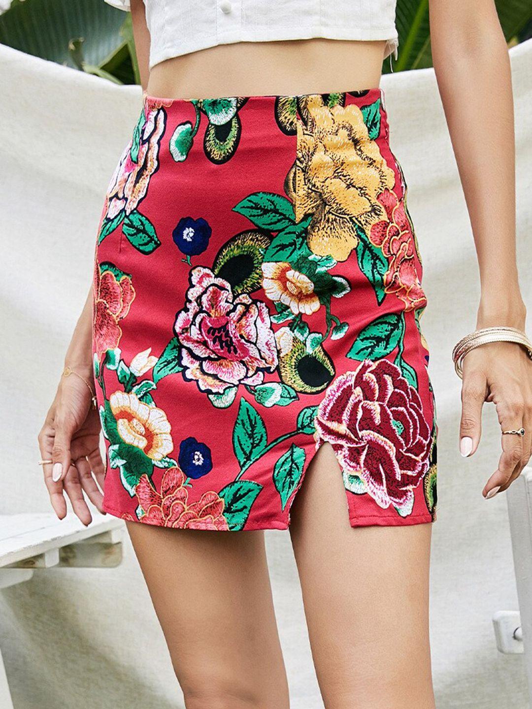 bostreet red floral printed mini pencil skirt