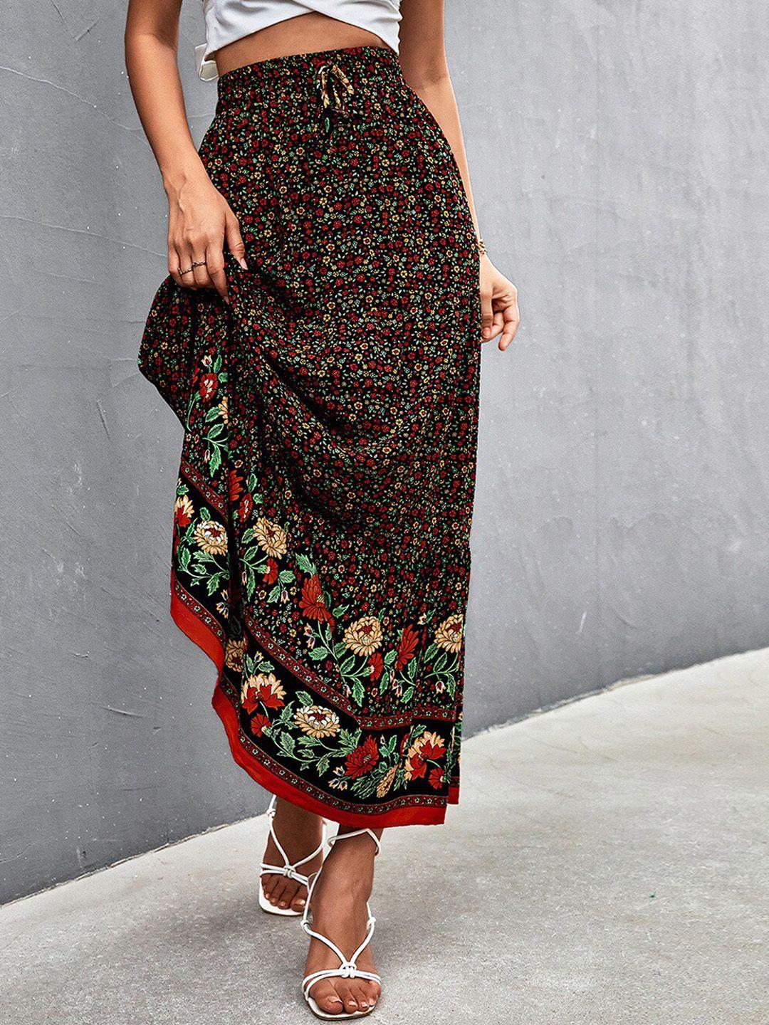 bostreet black floral printed flared maxi skirt