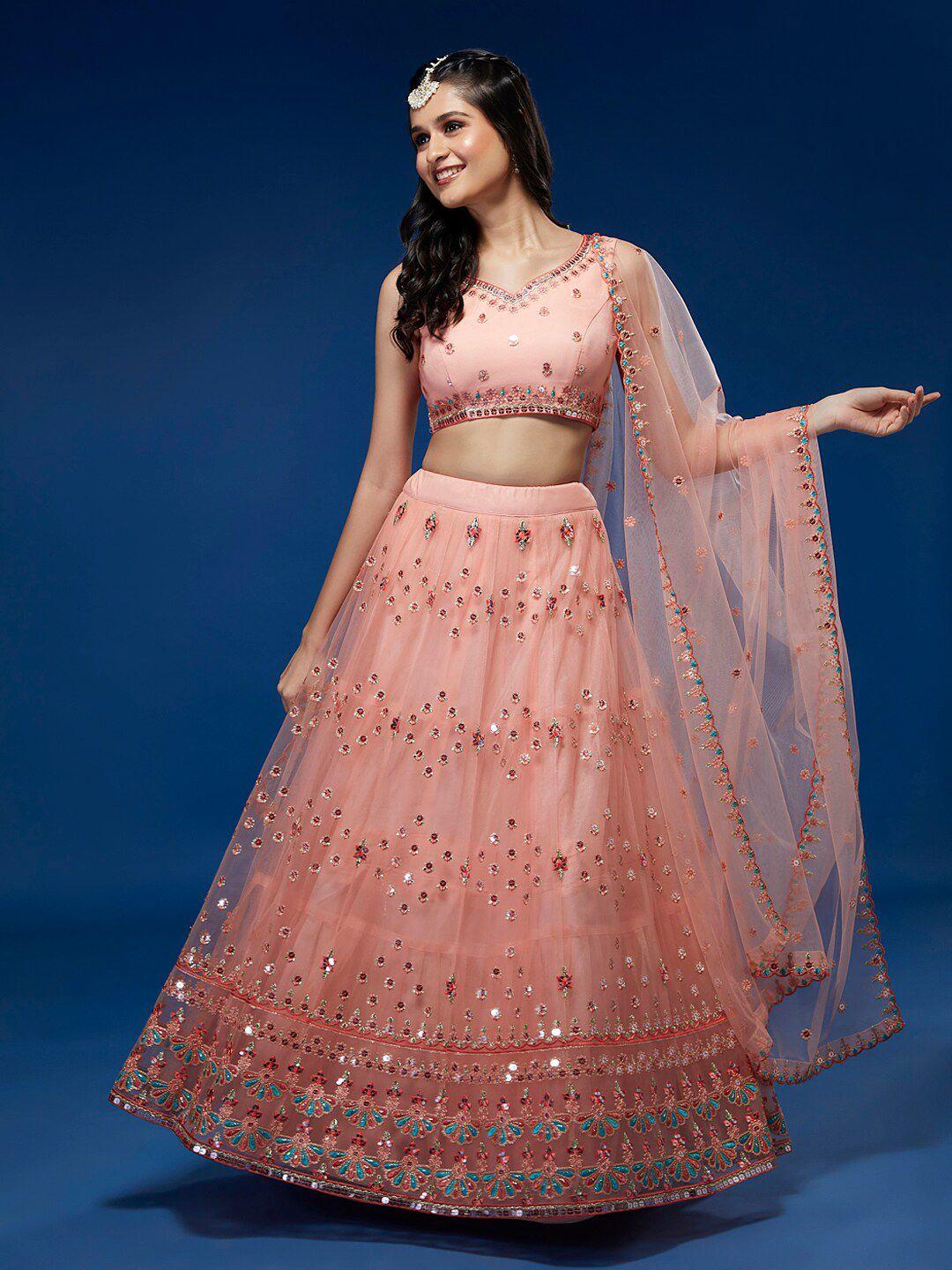 panchhi peach-coloured & blue embroidered sequinned semi-stitched lehenga & unstitched blouse with dupatta