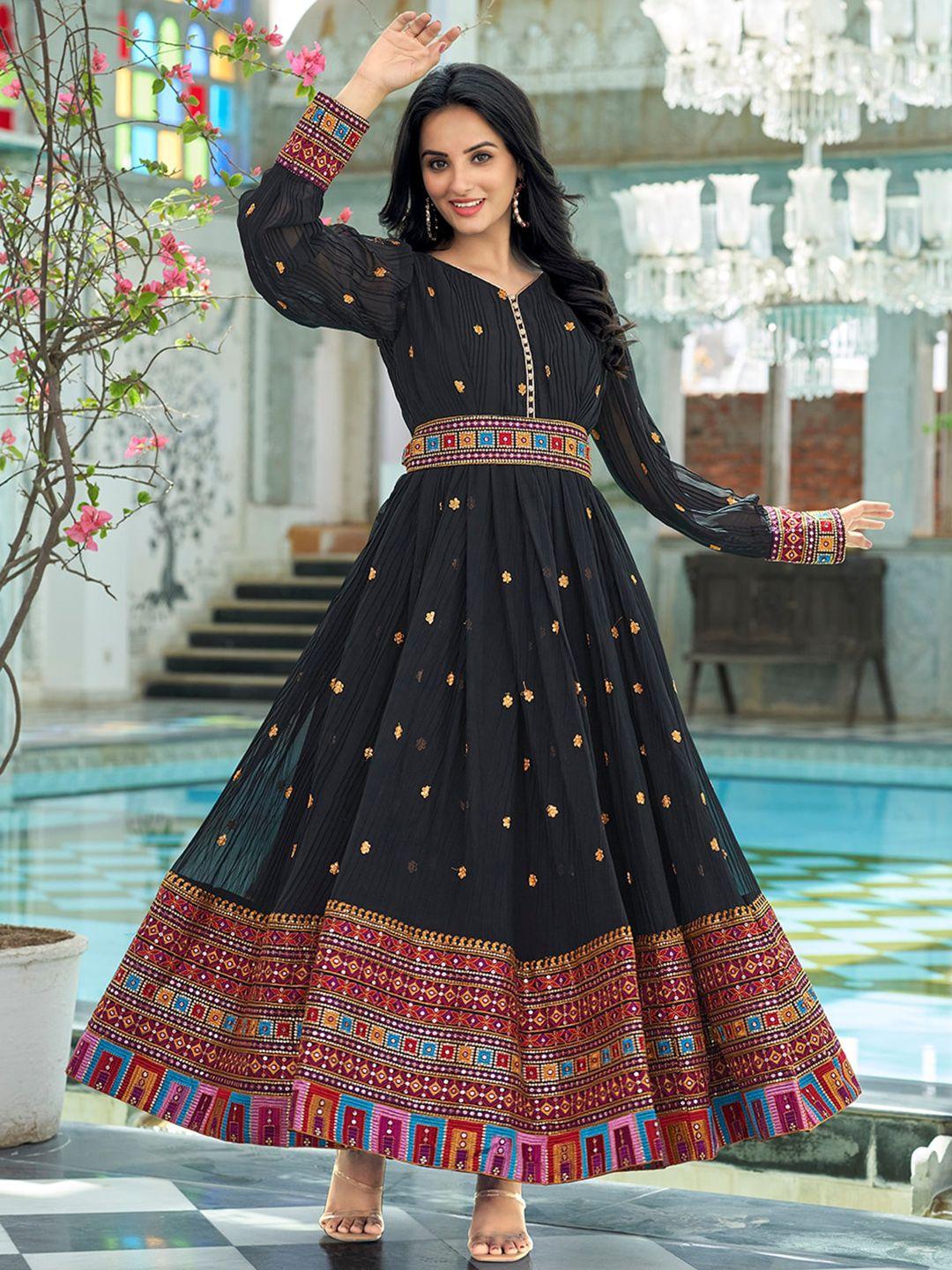 prenea embroidered georgette flared anarkali maxi ethnic dress with a belt