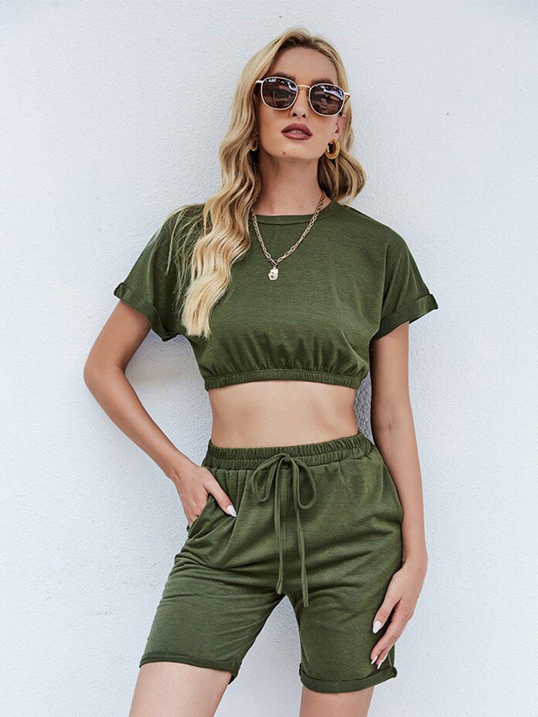 bostreet green soild top with shorts co-ords