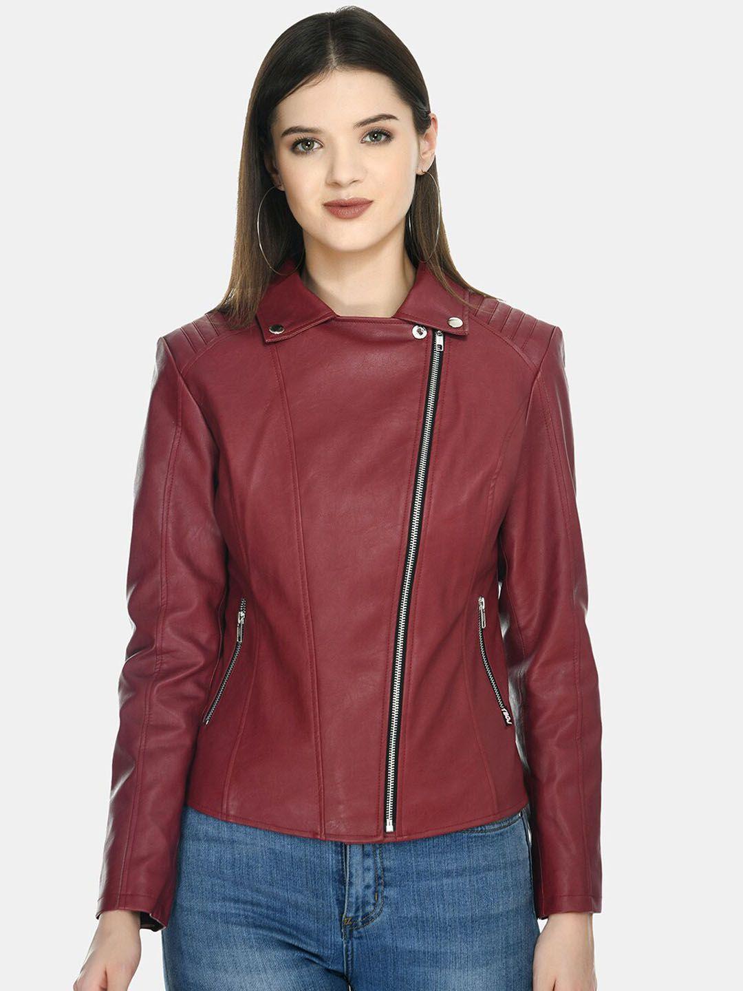 tboj women maroon leather lightweight crop biker jacket