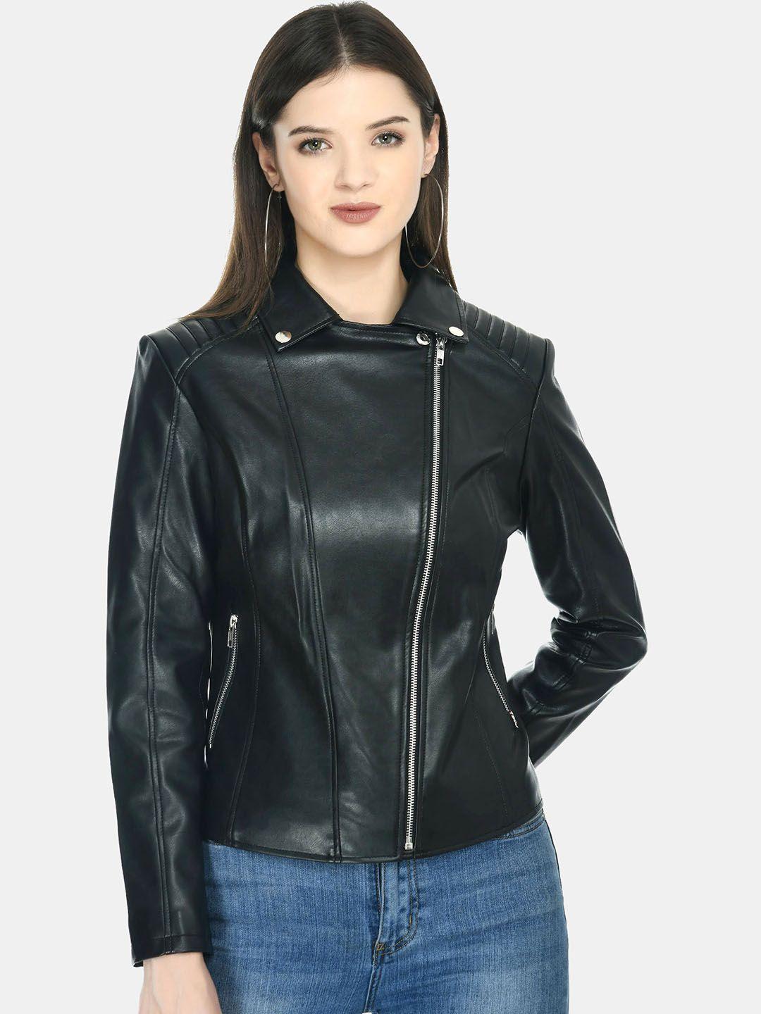 tboj women black leather lightweight crop biker jacket