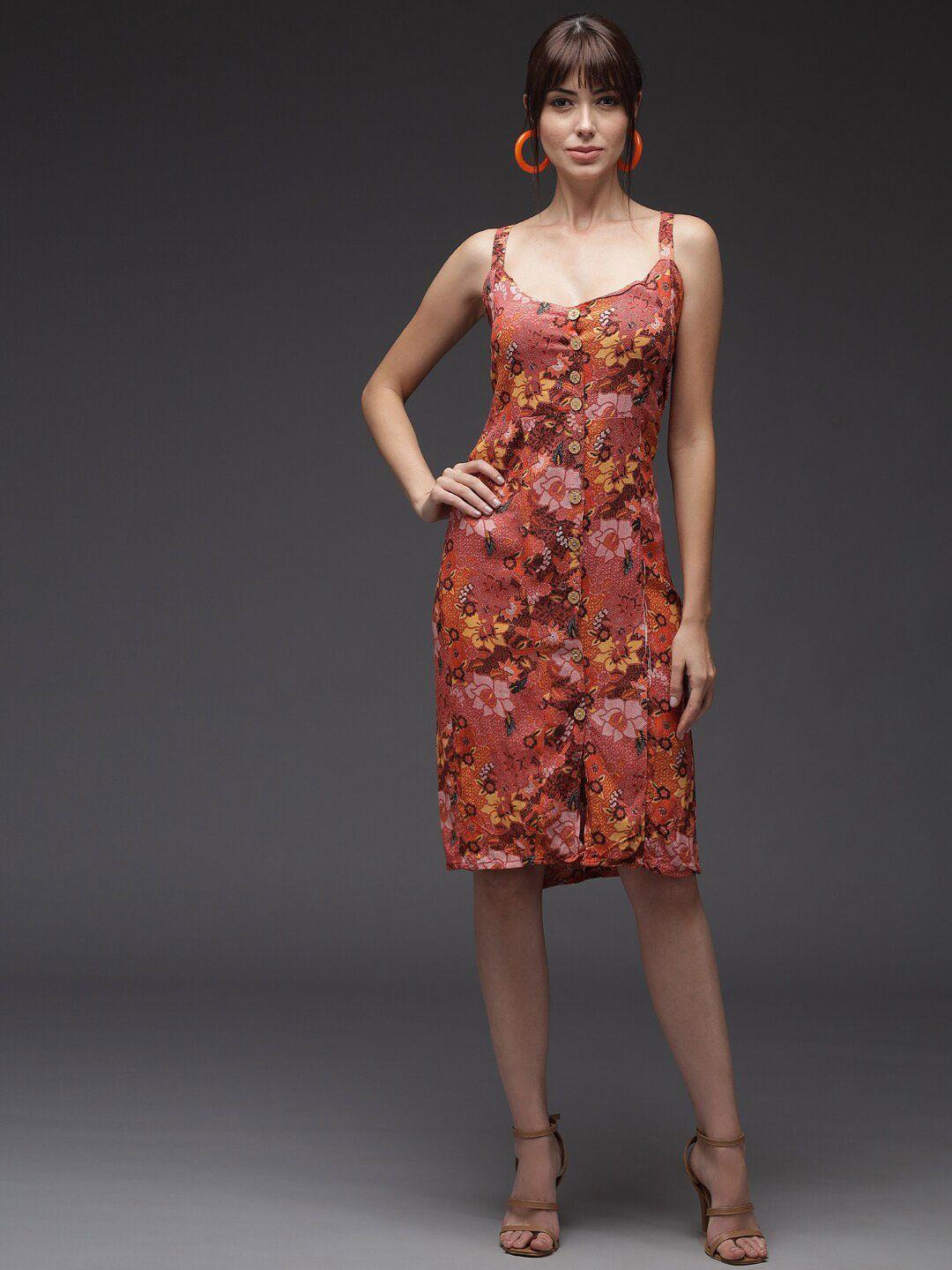 baesd floral printed shoulder strapped crepe sheath dress