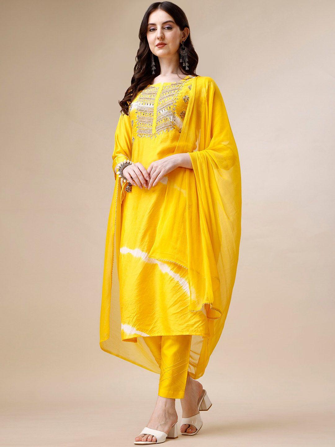 berrylicious embroidered zardozi chanderi cotton kurta with trousers & dupatta