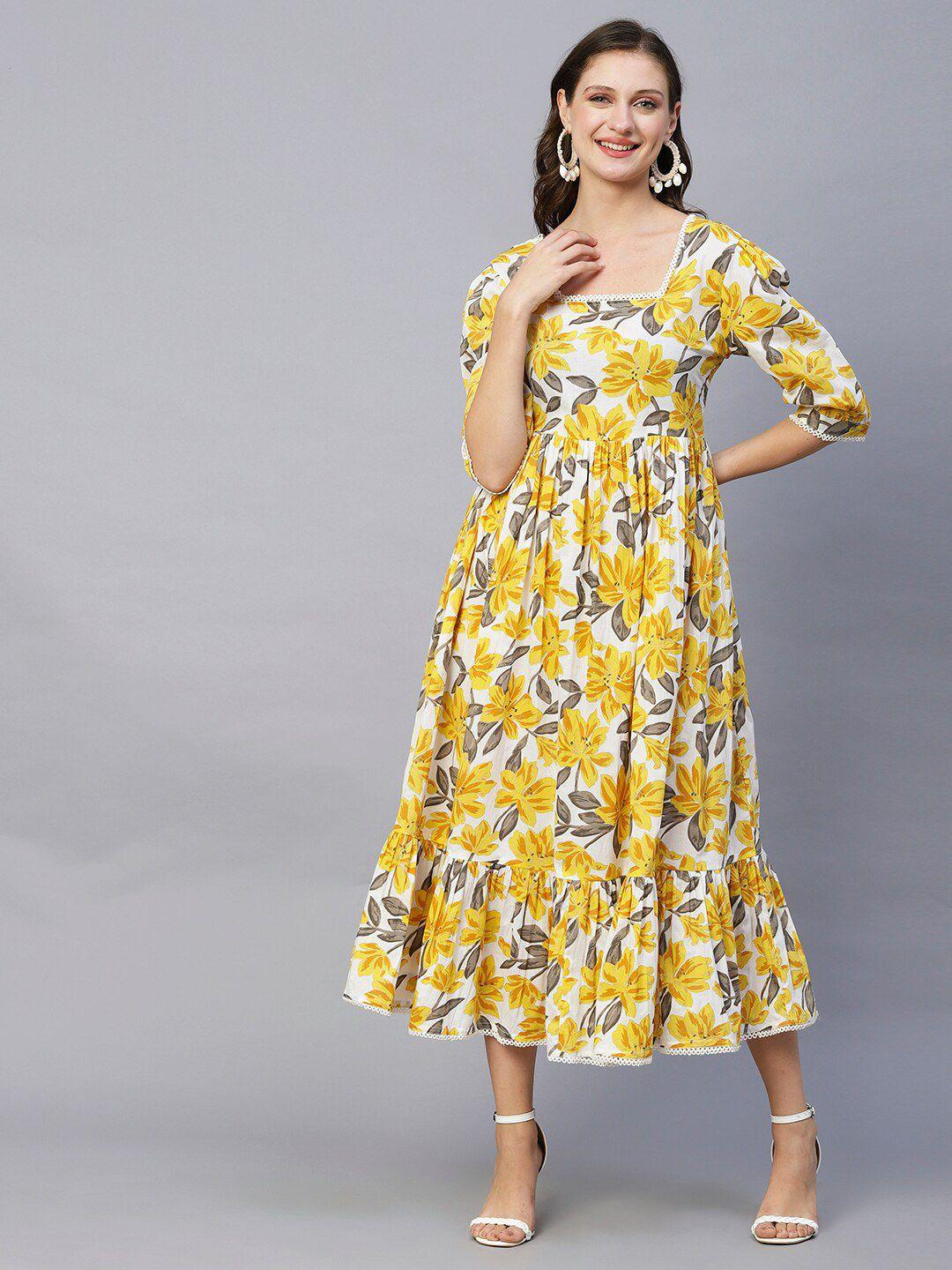 fashor yellow floral printed square neck puff sleeve cotton fit and flare dress