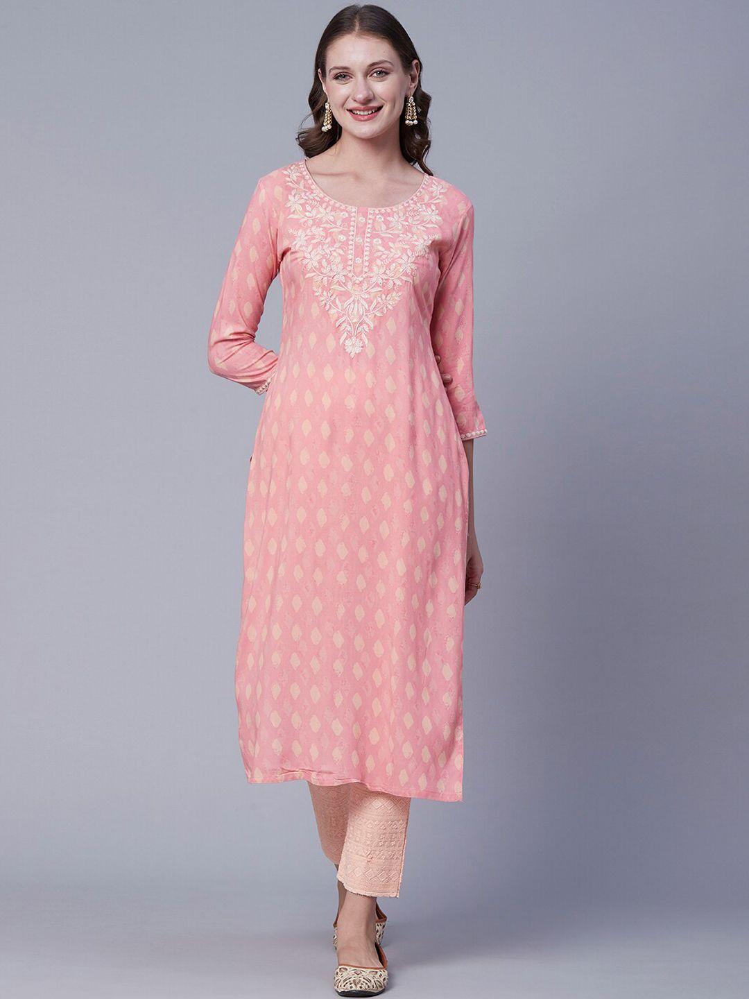 fashor peach geometric printed thread work kurta