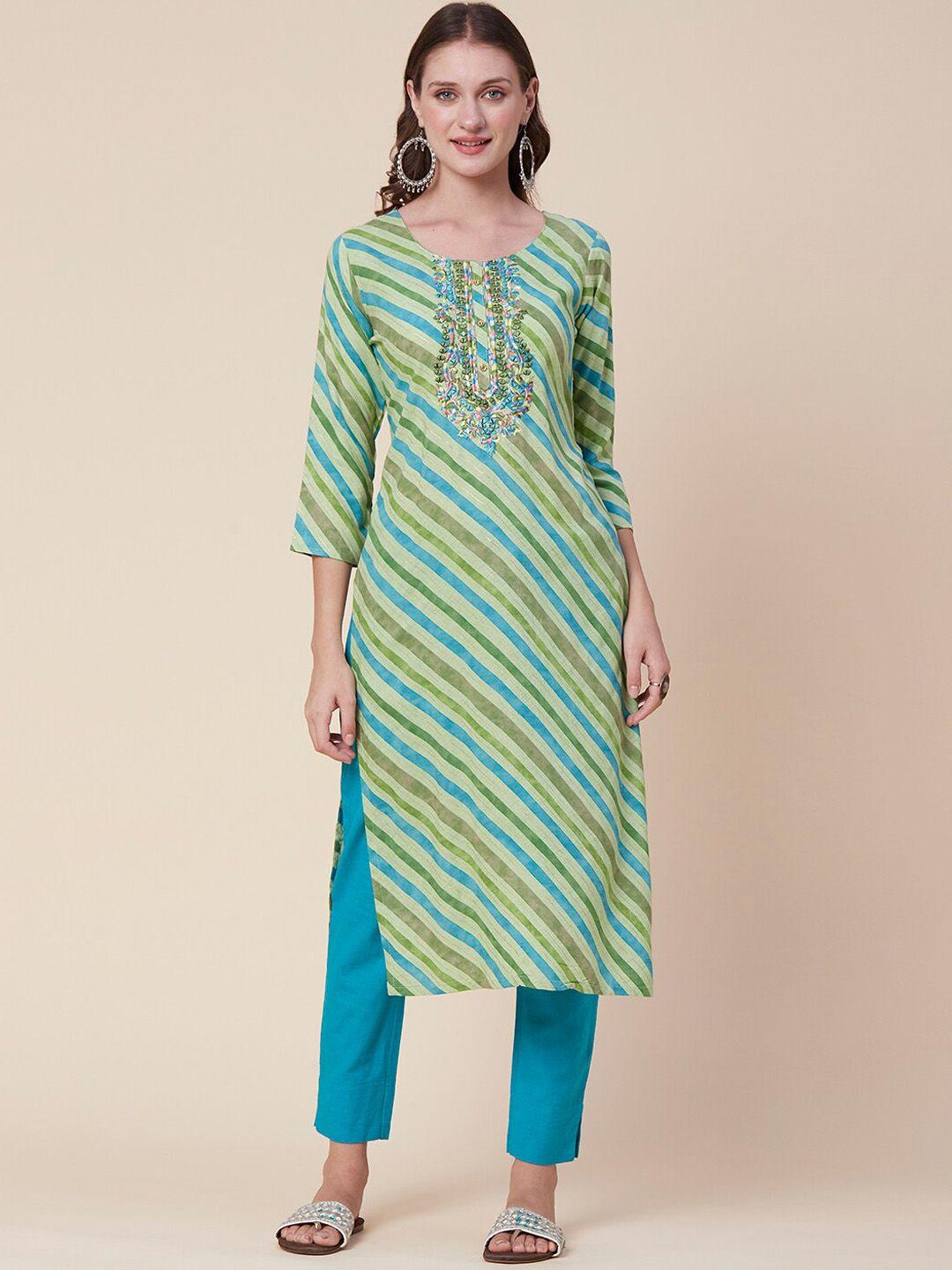 fashor green striped thread work kurta