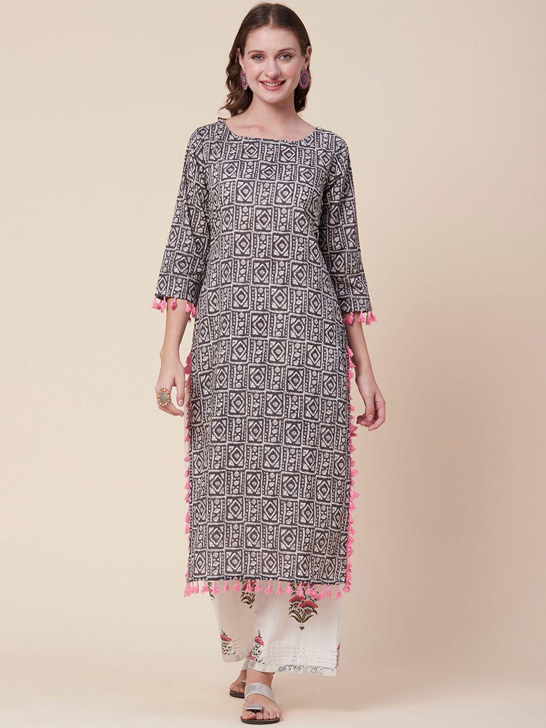 fashor grey geometric printed tasseled straight fit cotton kurta