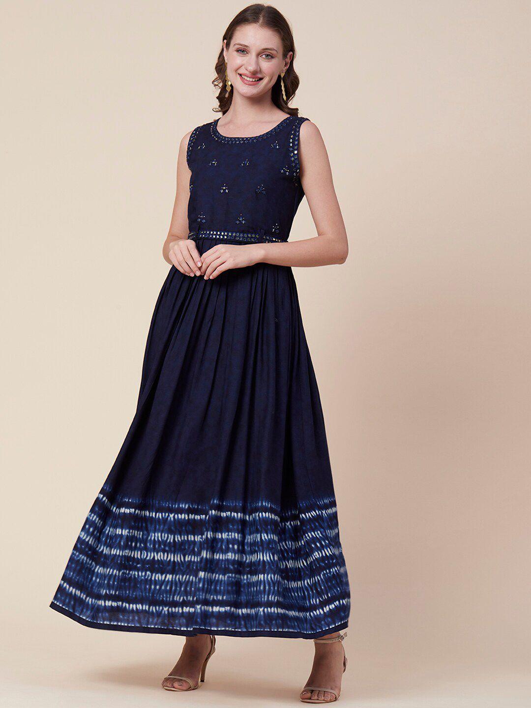 fashor navy blue tie & dye embellished sleeveless maxi dress with belt