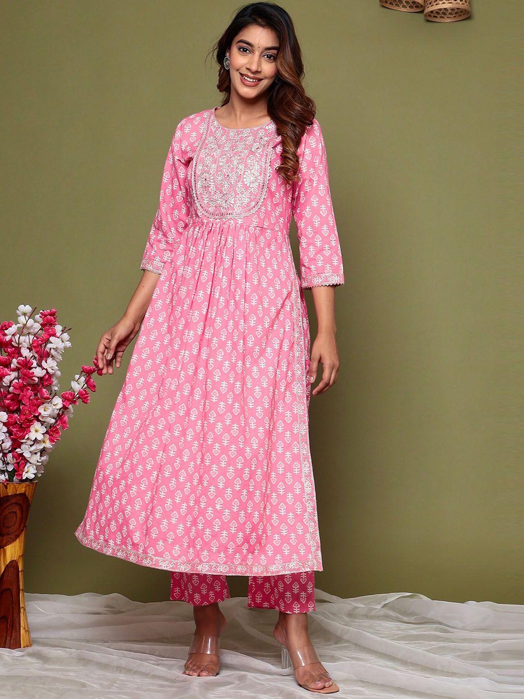 pinkville jaipur women pink floral printed regular mirror work pure cotton kurta with trousers