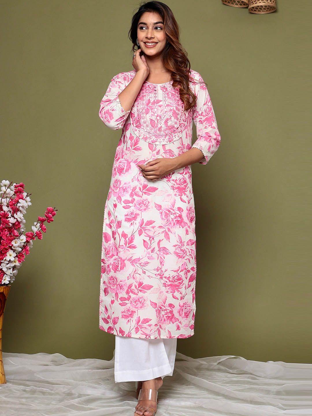 pinkville jaipur women pink floral printed regular mirror work pure cotton kurta with trousers