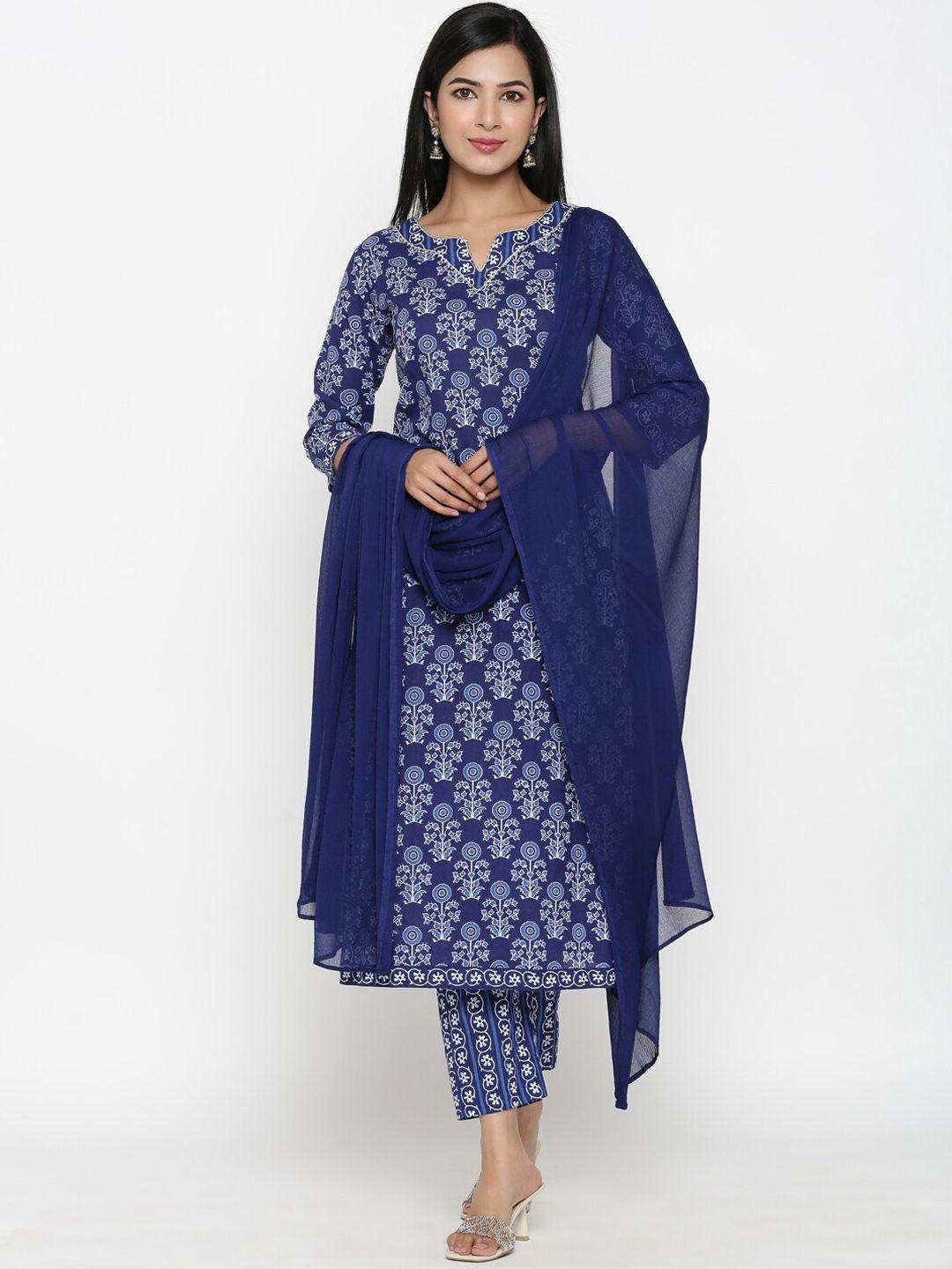 pinkville jaipur women blue floral printed regular pure cotton kurta with trousers & with dupatta