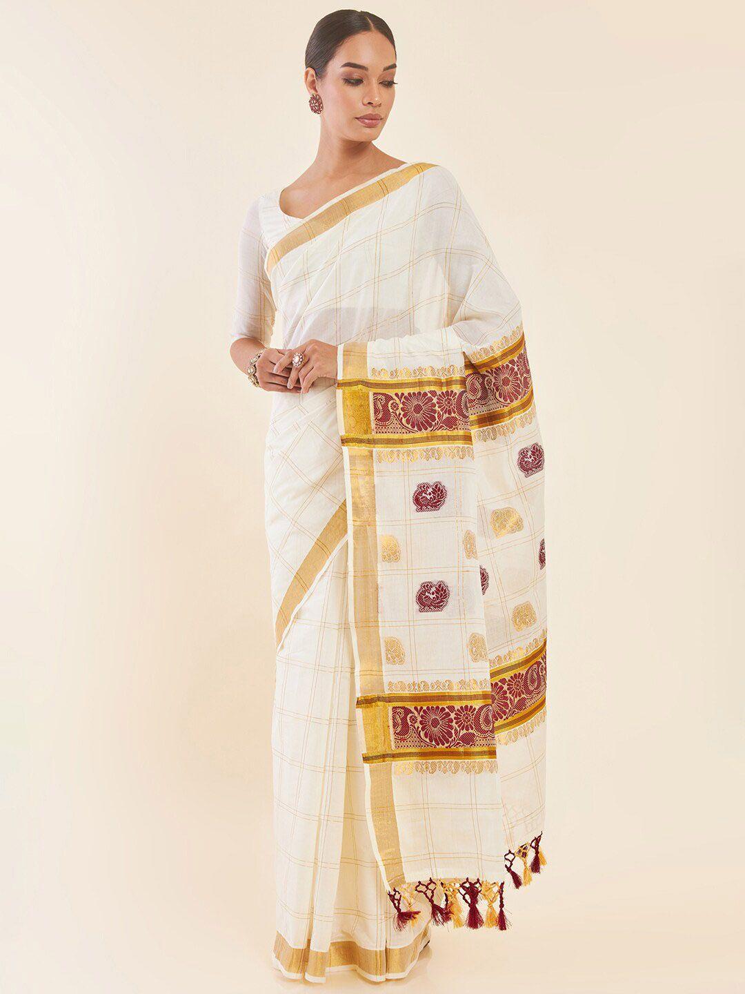 soch off white & gold-toned ethnic motifs woven design zari pure cotton kasavu saree