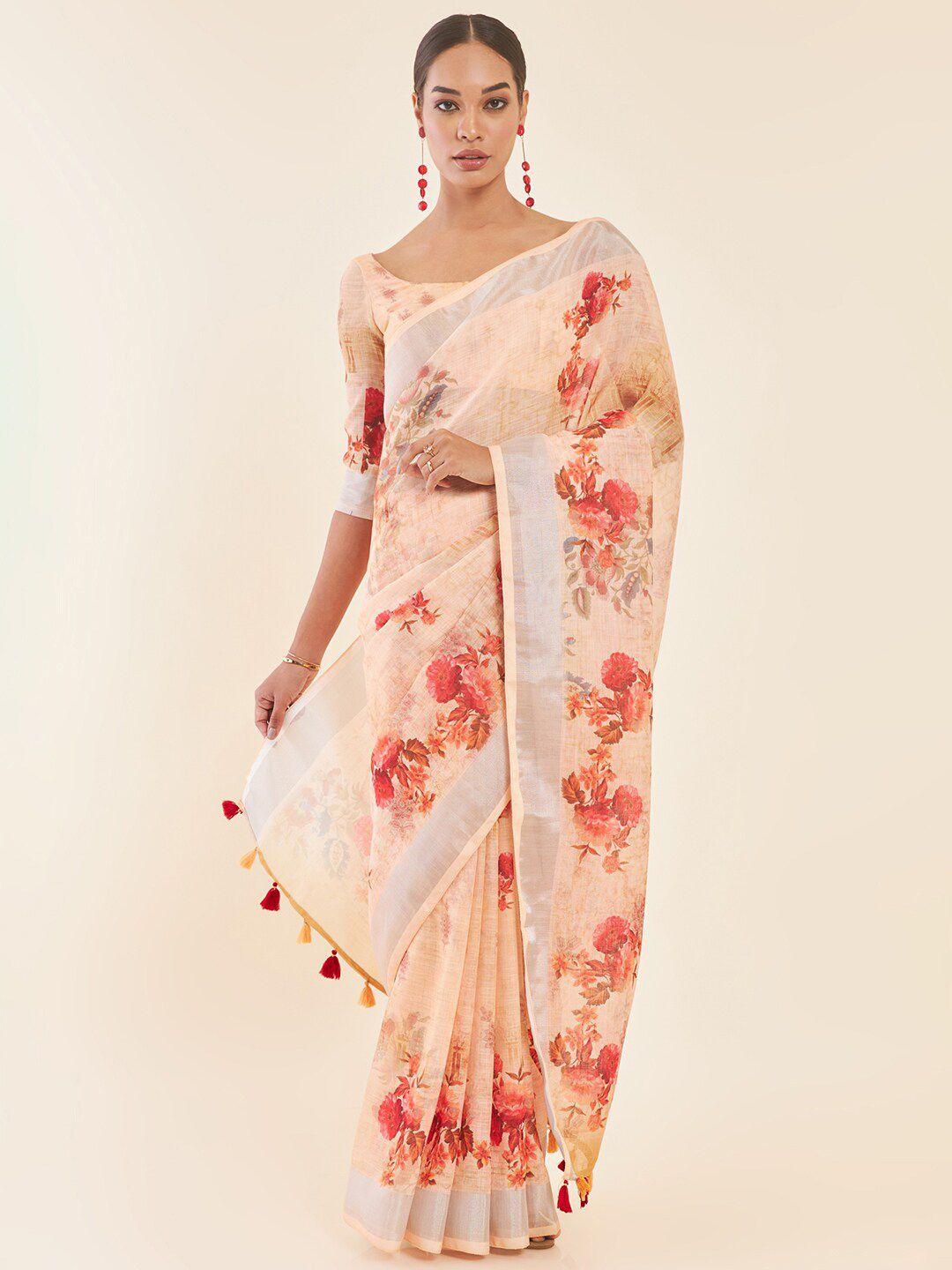 soch cream & red floral printed zari saree