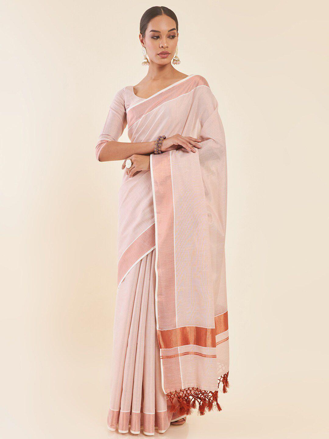 soch off white solid zari tissue kasavu saree