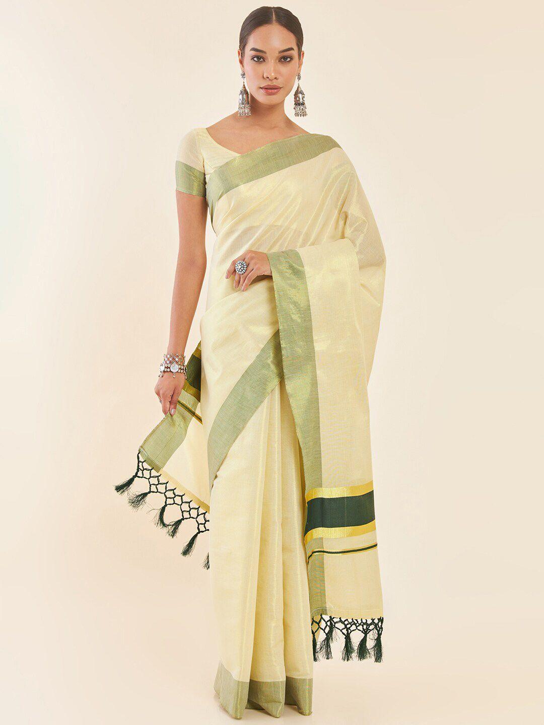 soch off white & green woven design zari tissue kasavu saree