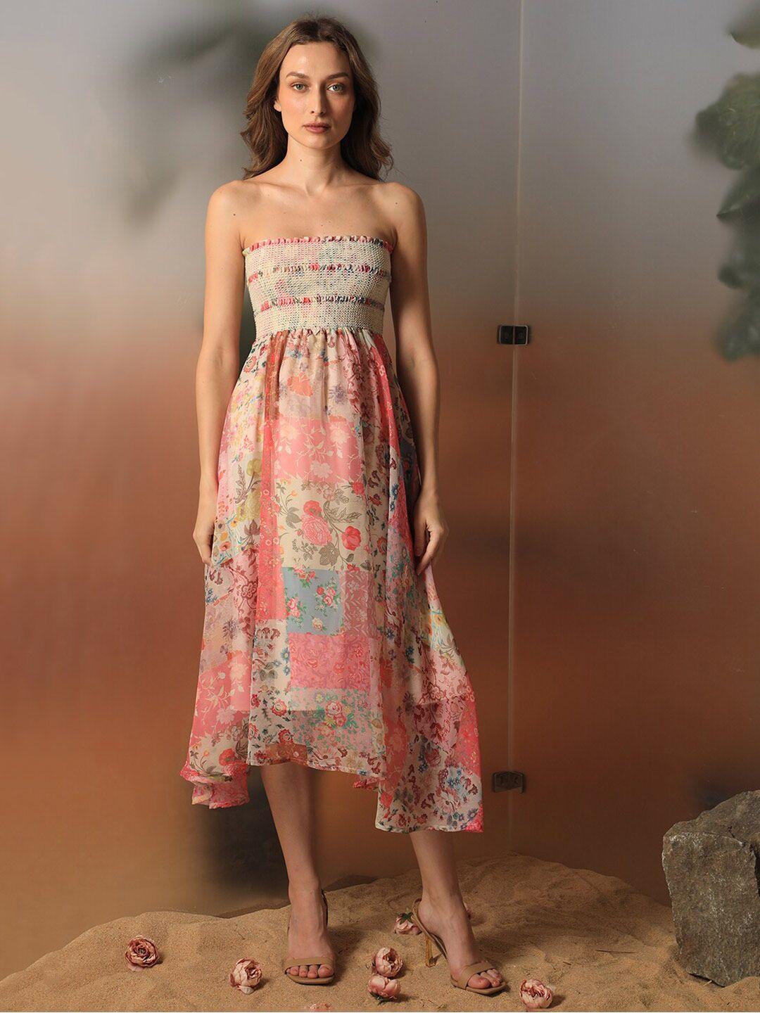 rareism floral printed smocked detailed a-line midi dress