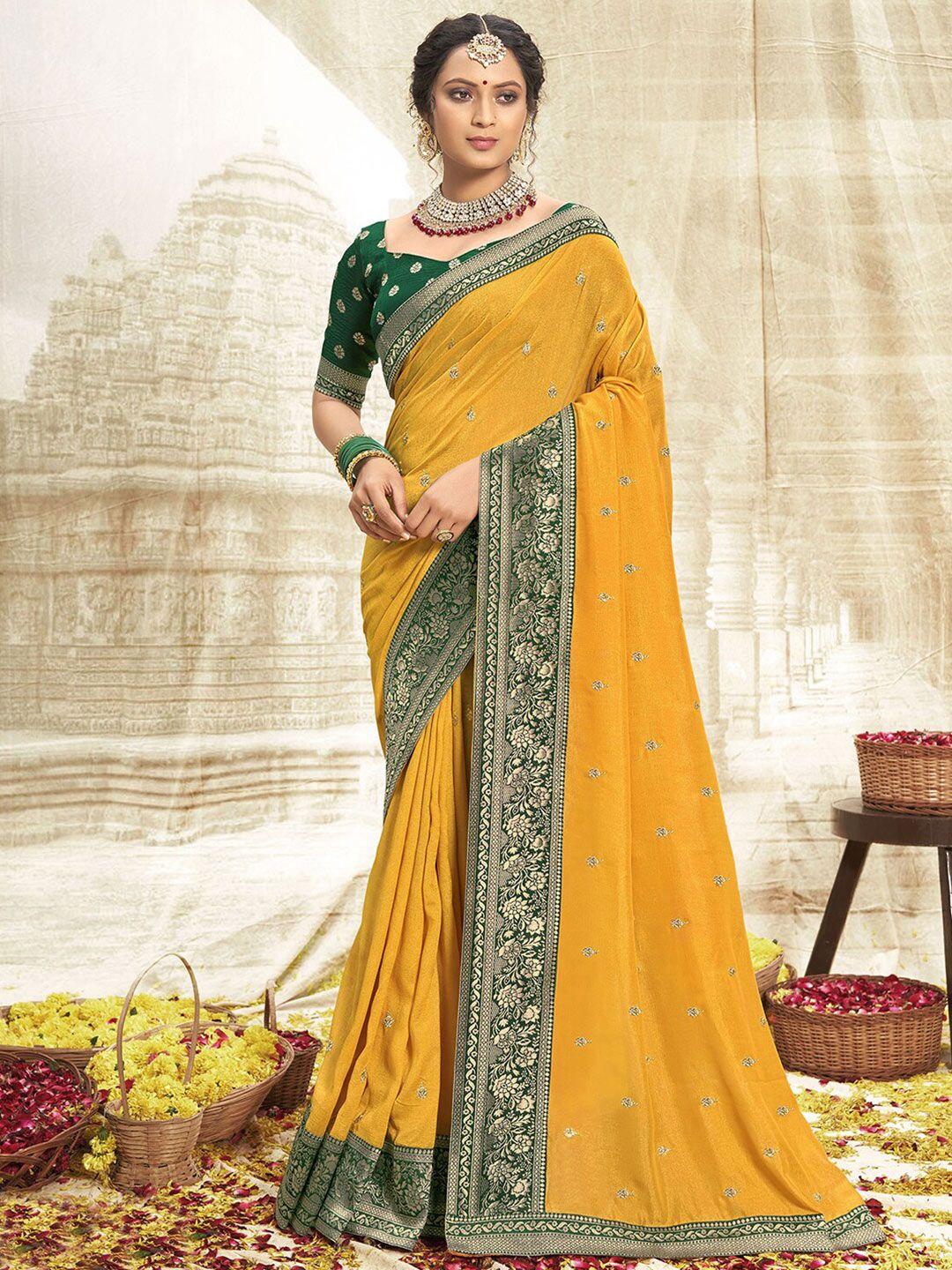 mitera yellow & gold-toned ethnic motifs embroidered saree