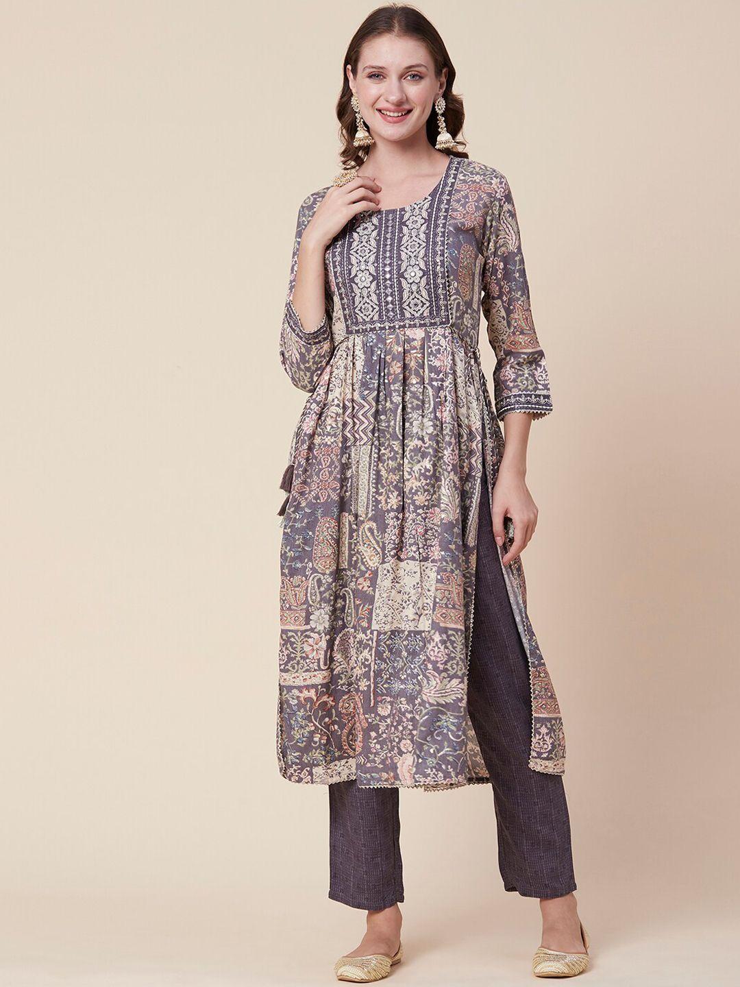 fashor paisley printed pleated mirror work kurta with trousers