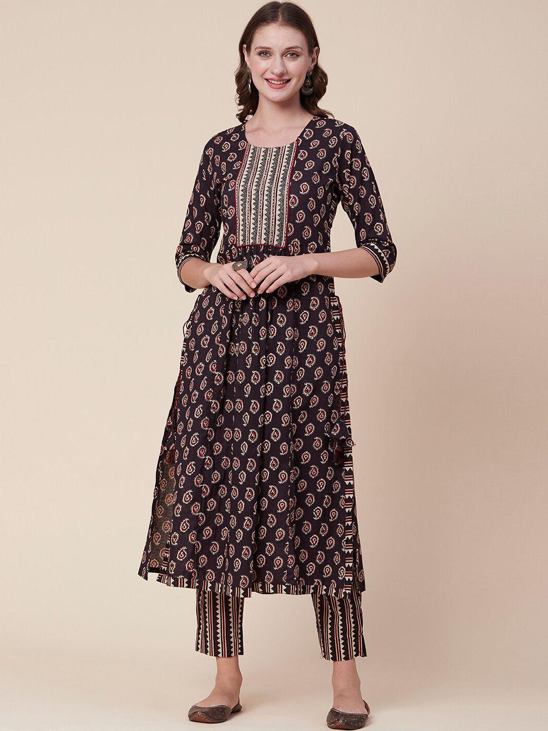 fashor coffee brown ethnic motifs printed pleated pure cotton kurta with trousers