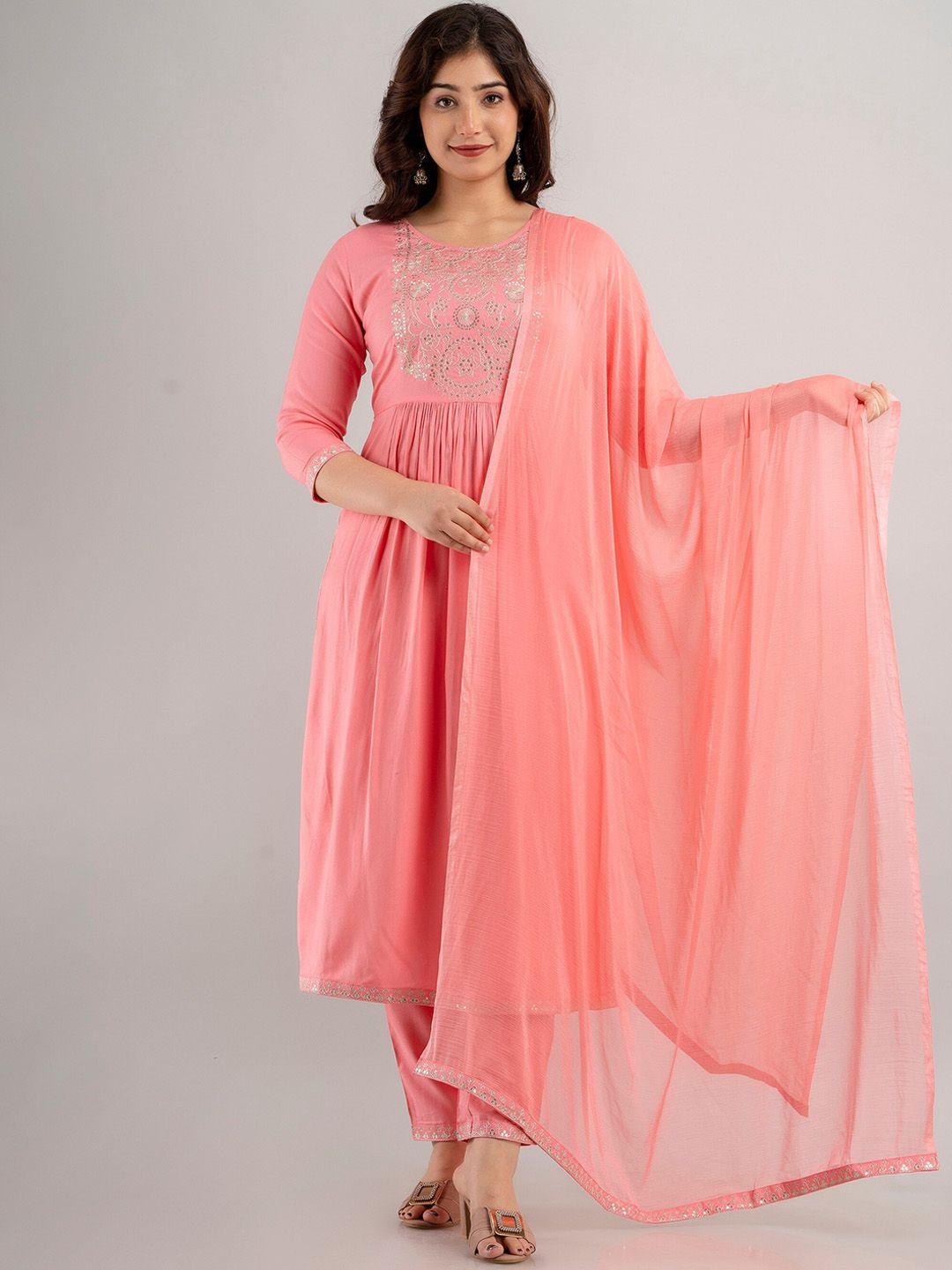 charu sequnnied embroidered pleated kurta with trousers & dupatta