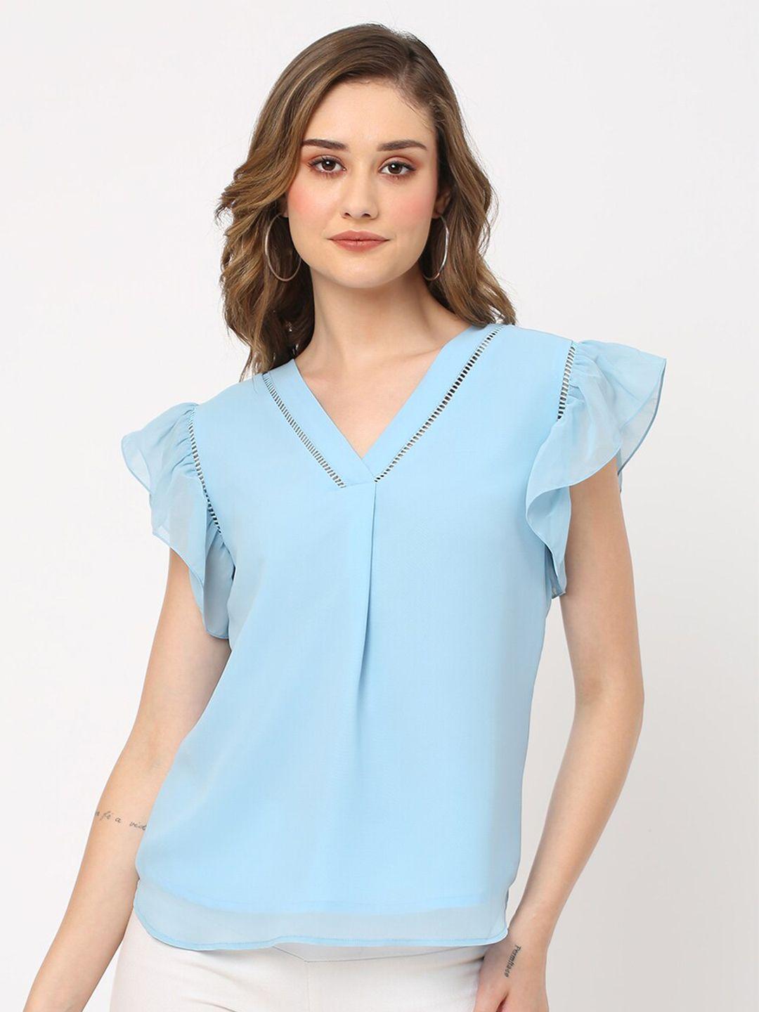 mish blue v-neck flutter sleeve cut-out georgette top