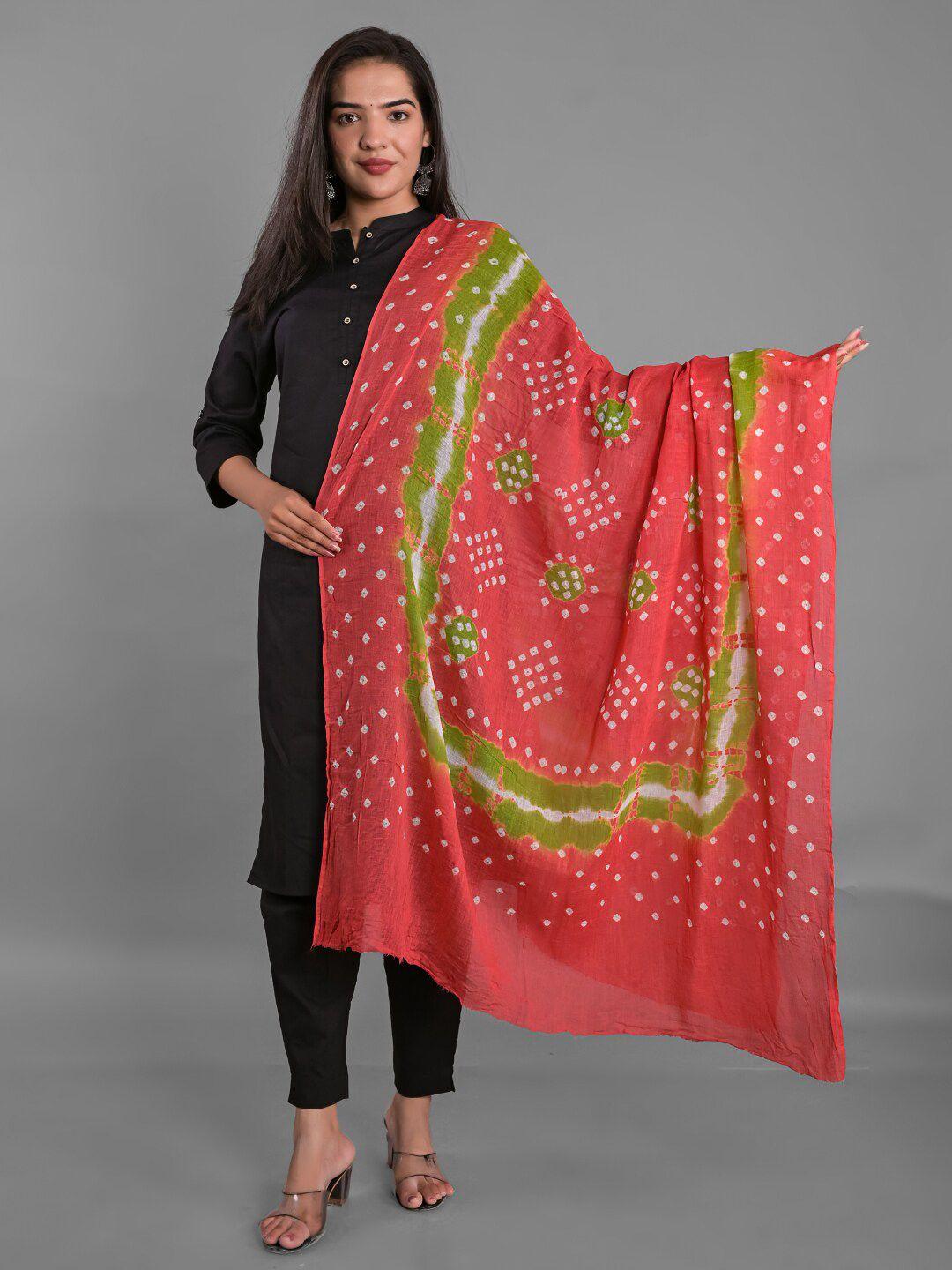 apratim red & green printed bandhani dupatta