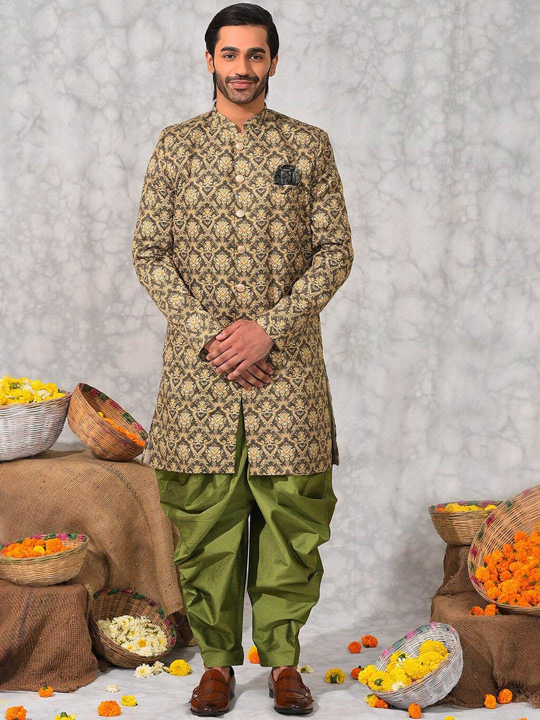 hangup mandarin collar ethinc motifs printed sherwani set