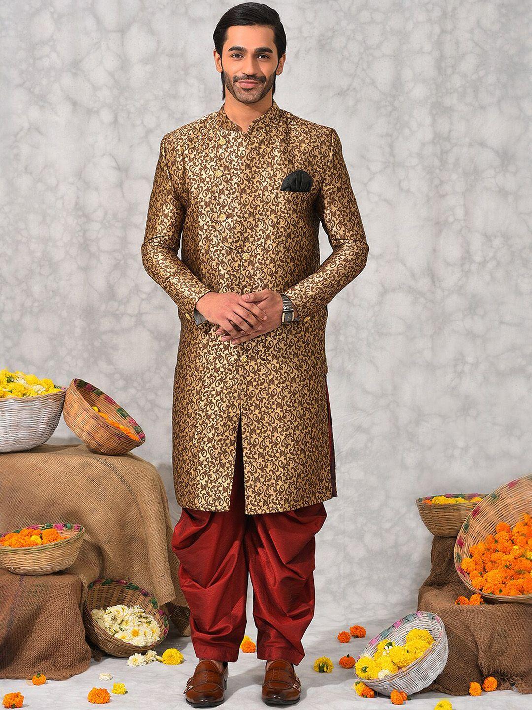 hangup mandarin collar ethnic motifs printed sherwani set