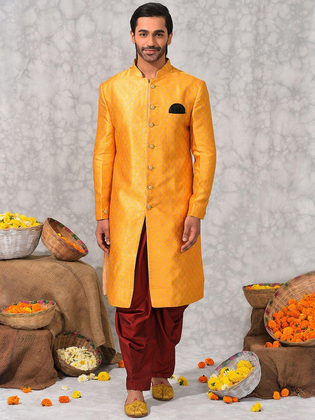 hangup mandarin collar woven design sherwani set