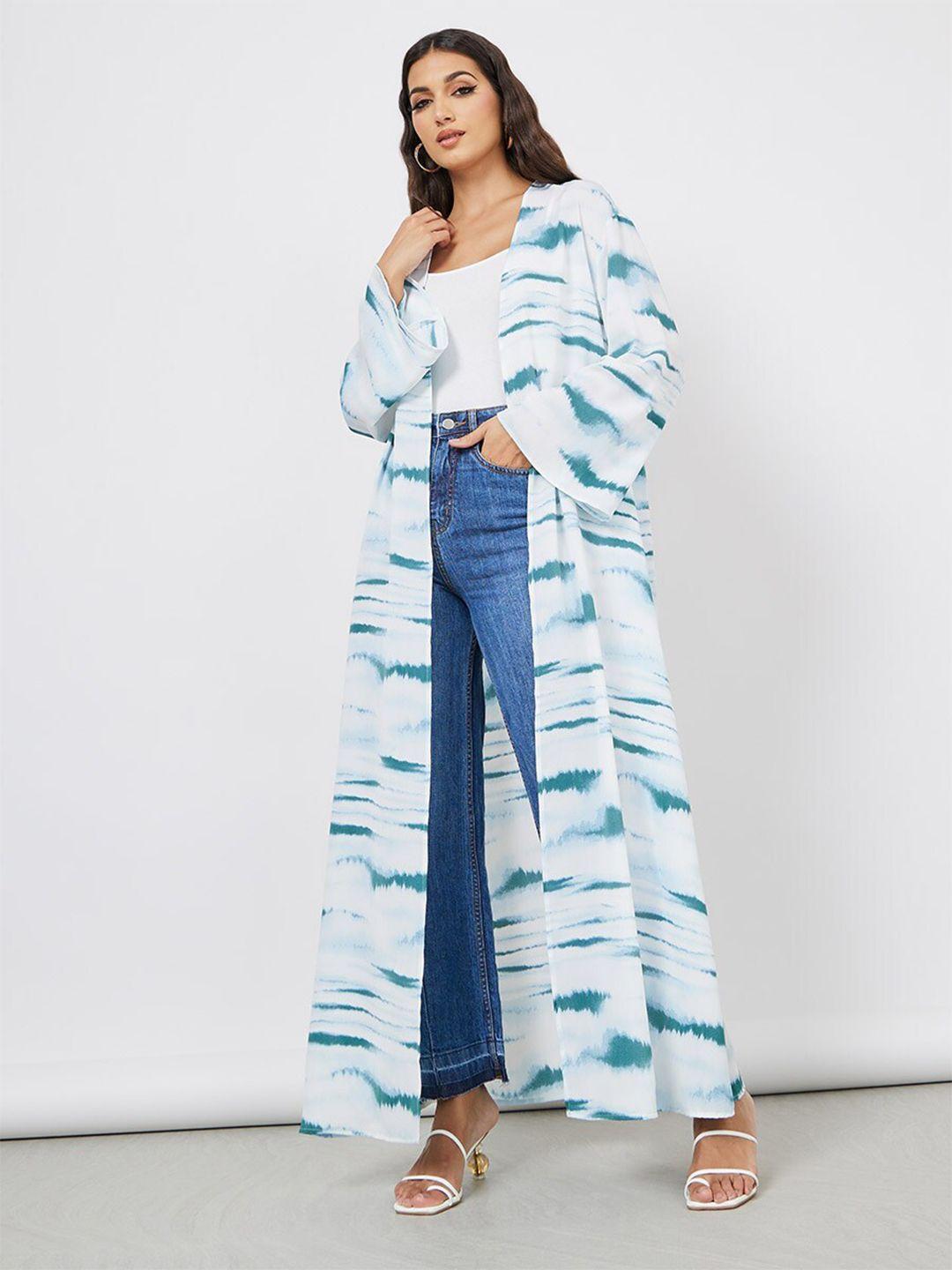 styli women green & white printed longline shrug