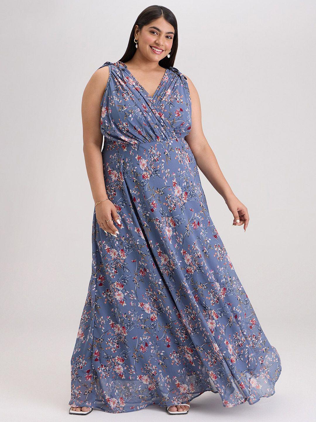 20dresses plus size grey floral printed v-neck fit & flare maxi dress