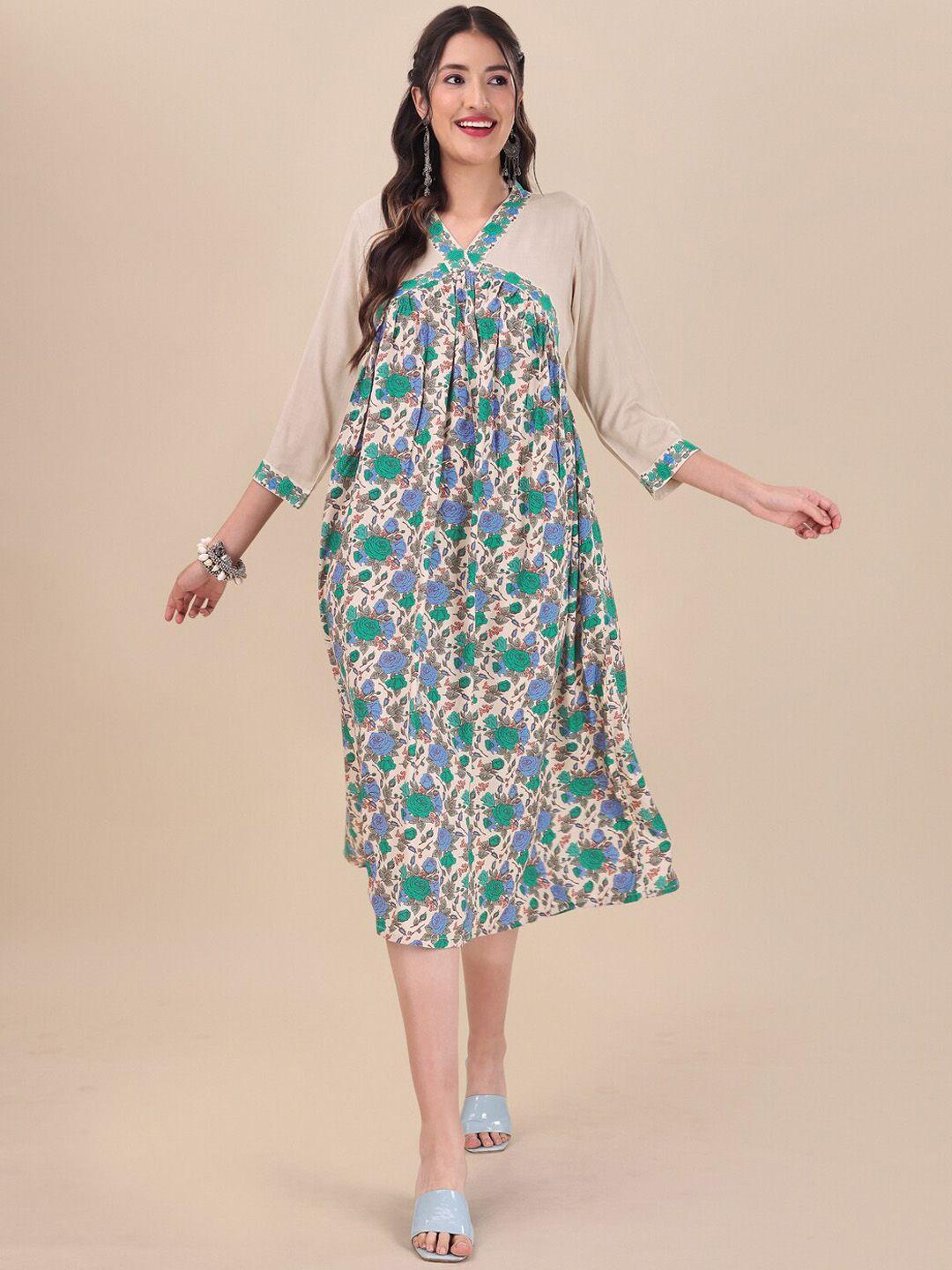 masstani by inddus floral printed flared midi-length cotton ethnic dress