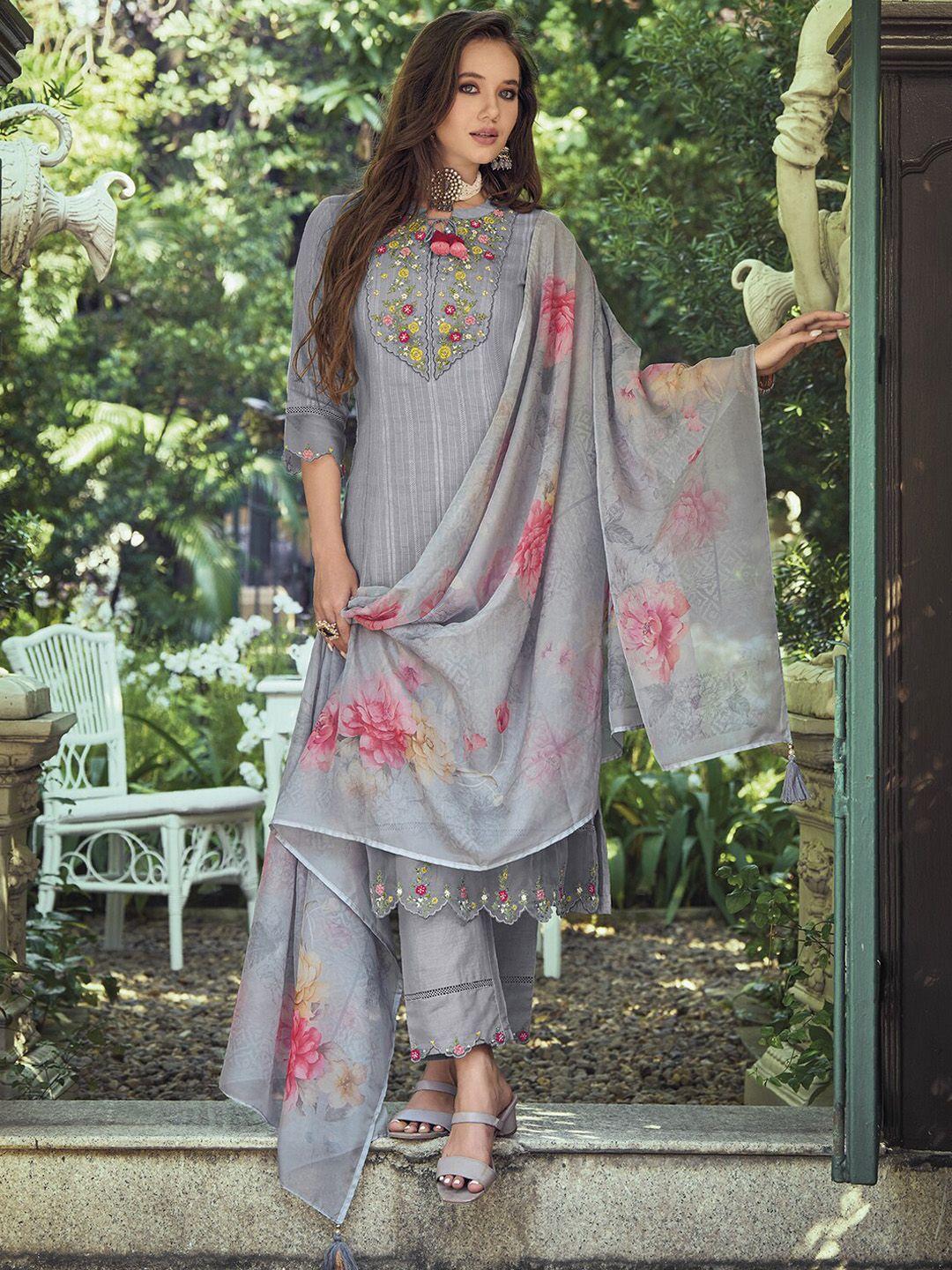 indo era women grey floral embroidered regular thread work pure cotton kurta with trousers & with dupatta