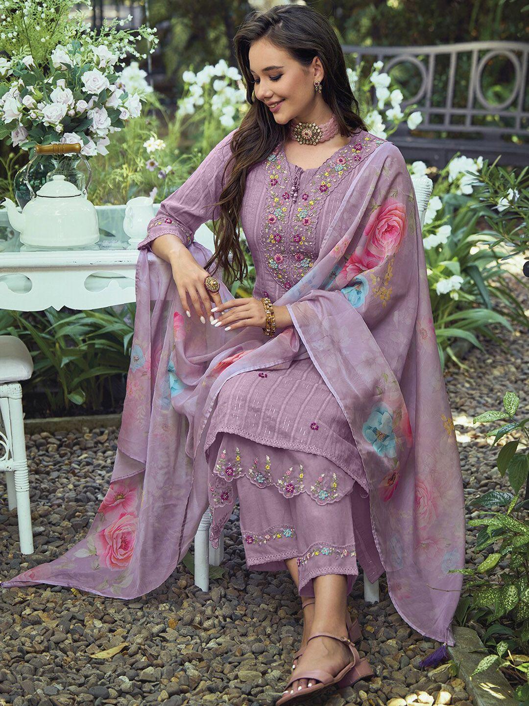 indo era women lavender floral embroidered panelled thread work pure cotton kurta with trousers & with