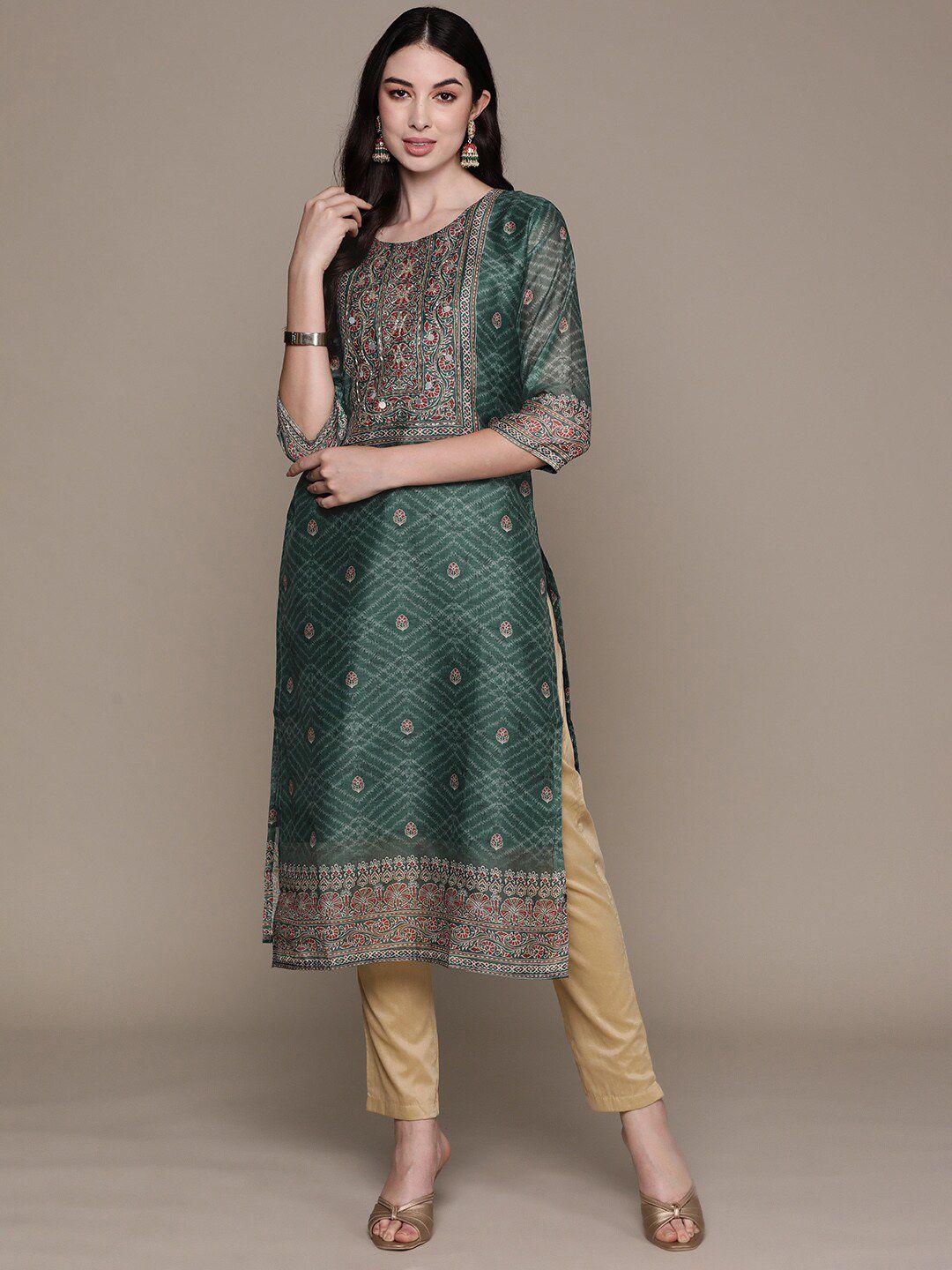 ishin green ethnic motifs printed beads & stones work kurta