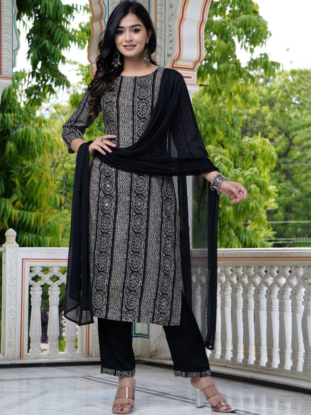 hatheli ethnic motifs printed mirror work kurta with trousers & dupatta