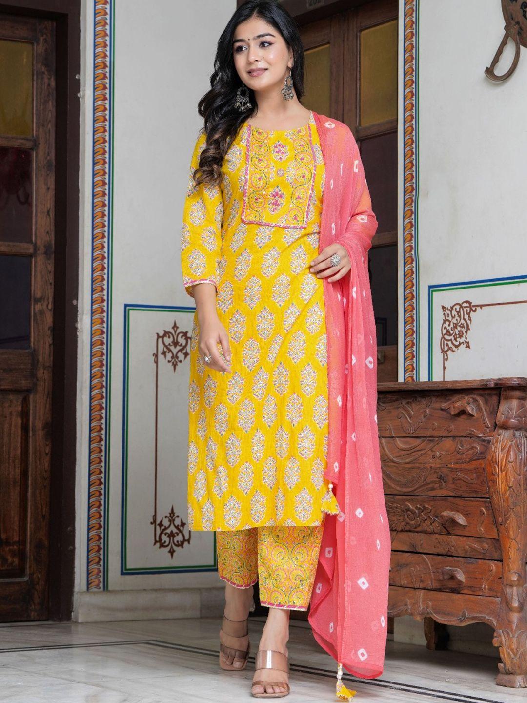 hatheli ethnic motifs printed gotta patti pure cotton kurta with palazzos & dupatta