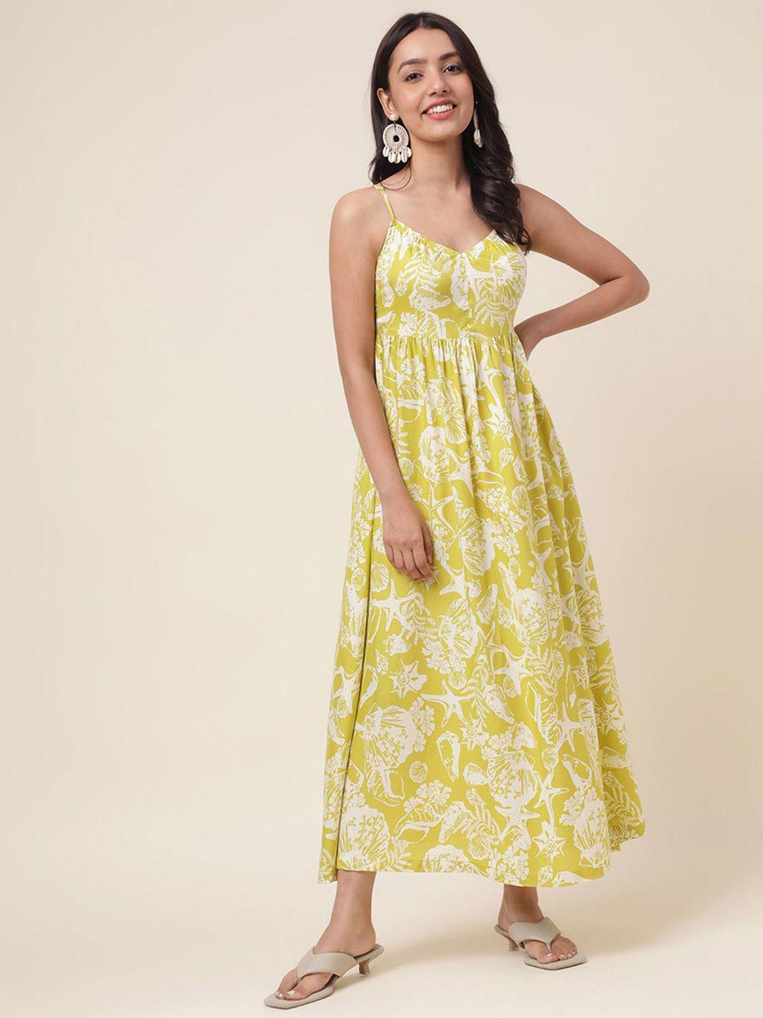 fabindia gathered tropical printed smocked shoulder strap maxi dress