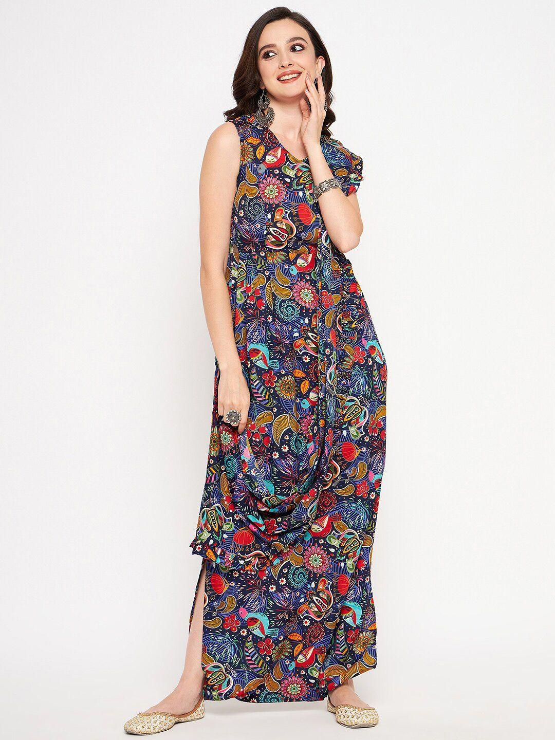 uptownie lite navy blue & red ethnic motifs printed balloon jumpsuit