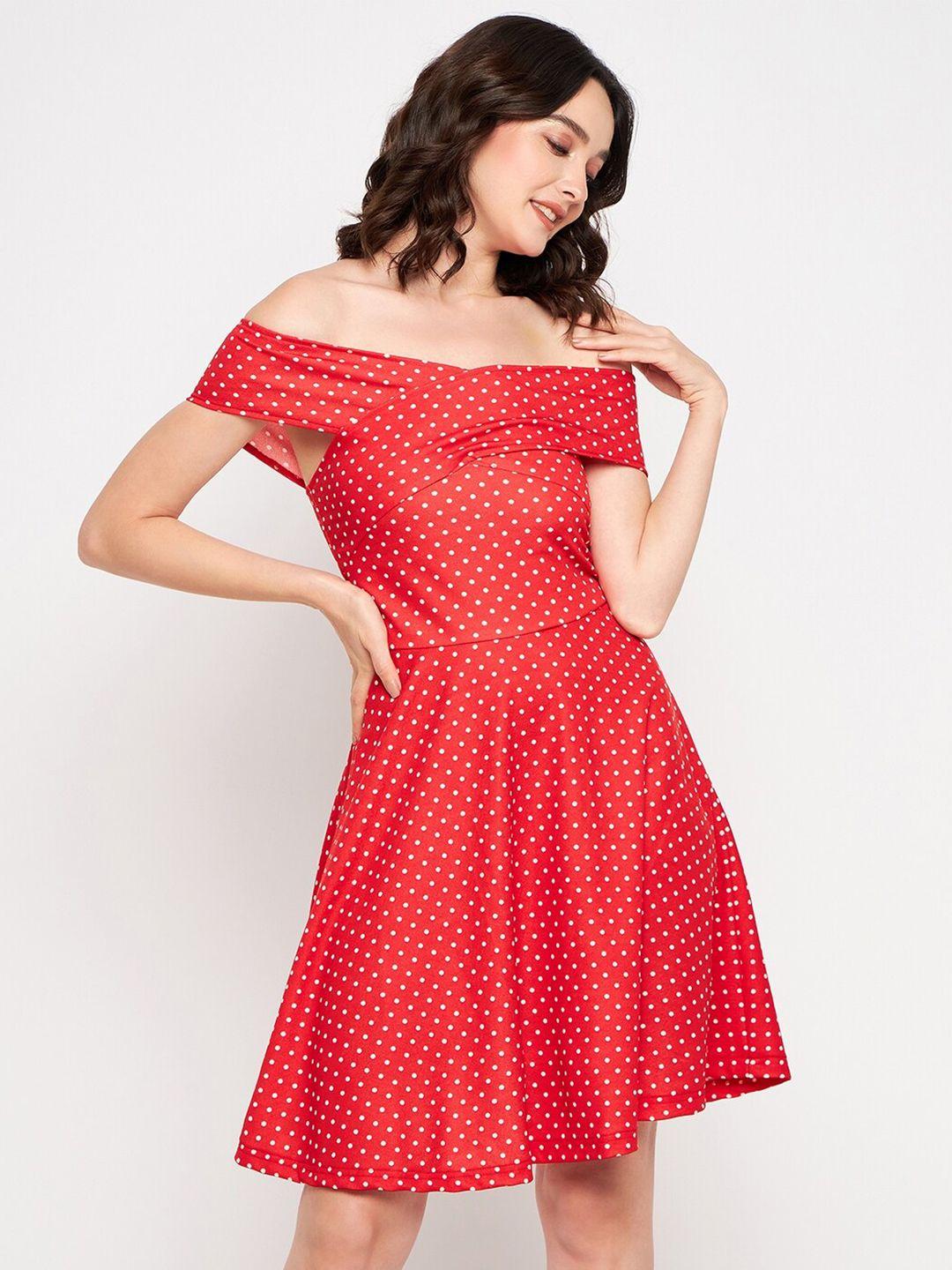 uptownie lite red polka dots off-shoulder fit & flare dress