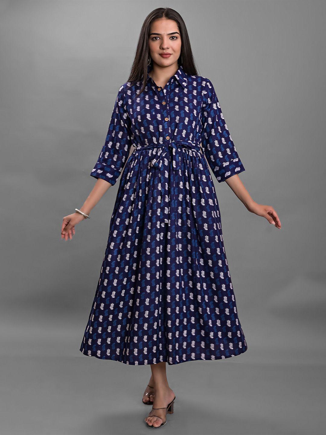 kalini conversational printed shirt collar cuffed sleeves fit & flare midi ethnic dress