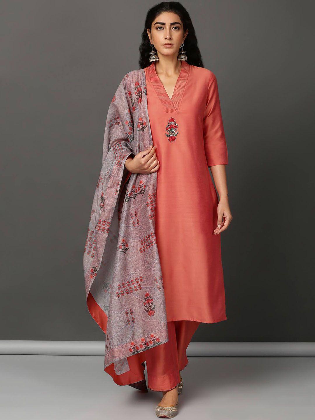 nuhh embroidered v-neck kurta with trousers & with dupatta