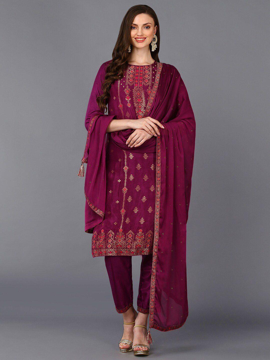 ahika women maroon ethnic motifs printed thread work kurta with trousers & dupatta